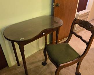 #145	Wood Kidney Shaped Table w/glass Protect & 1 drawer - w/chair - (as is finish) - 34x18x30	 $75.00 
