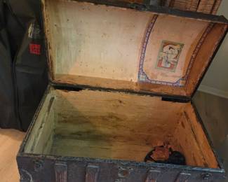 #172	Vintage Camel Back Trunk (no Tray, broken leather side handles missing) Carved (as is condition)- 34x19x29	 $75.00 
