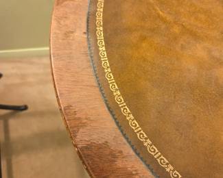 #150	Round Antique End Table w/Brass Feet w/fake drawer (worn leather top) - (as is wear) - 26x26.5	 $50.00 
