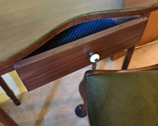 #145	Wood Kidney Shaped Table w/glass Protect & 1 drawer - w/chair - (as is finish) - 34x18x30	 $75.00 
