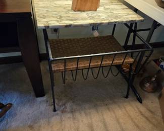 #116	MCM Cast Iron Table w/marble top w/basketweave Shelf - 27.5x26.5x25 (as is finish)	 $125.00 
