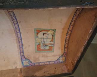 #172	Vintage Camel Back Trunk (no Tray, broken leather side handles missing) Carved (as is condition)- 34x19x29	 $75.00 
