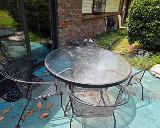 #219	Frosted Glass Round w/Metal Base Patio Table w/4 Wrouht Iron Chairs - 48.5x28.5	 $150.00 
