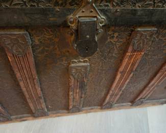 #172	Vintage Camel Back Trunk (no Tray, broken leather side handles missing) Carved (as is condition)- 34x19x29	 $75.00 
