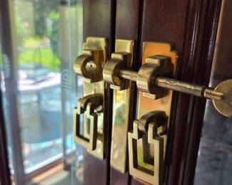 #112	China Cabinet w/4  glass doors & 2 wood doors w/1 drawer & 1 shelf each side w/brass Accents and lighted - ( 2 glass shelves  w/plate rack- Asian Style) - 64x17.5x31-82 - You Move 2 pieces	 $275.00 
