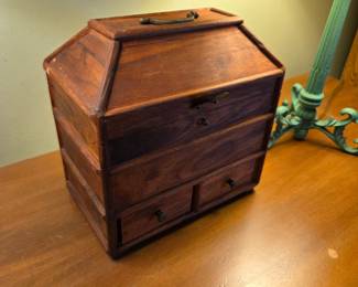 #133	Wooden Jewelry Box w/flip-up top w/tray & 2 drawers - 11x6.5x20	 $25.00 

