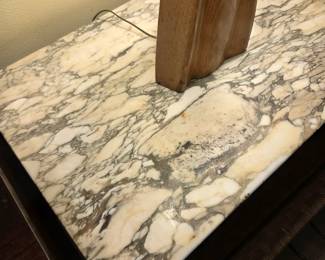 #116	MCM Cast Iron Table w/marble top w/basketweave Shelf - 27.5x26.5x25 (as is finish)	 $125.00 
