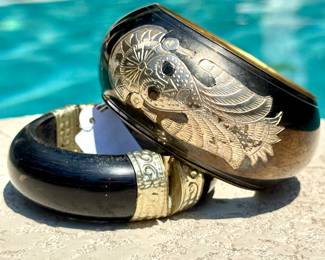 ($20; vintage black wood and metal bangle that opens with a pin hinge)  (SOLD; brass metal inlaid bracelet)