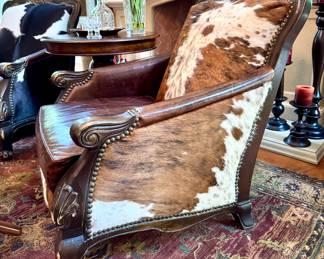 $1800 Brown and White cowhide and leather chair by Buckley. Sells new for $5400; 33L x 33W x 40H