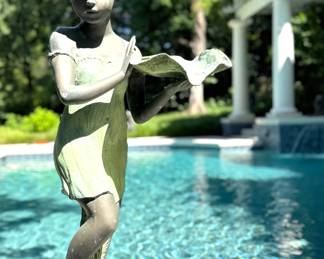 Bronze statue of young girl with lotus leaf fountain. 39" tall.