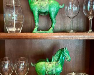 $150/each, two available. Tang dynasty styled green ceramic horses. 10"