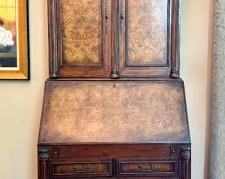 $4000 Harden George II style double bonnet secretary desk with burlwood finish. Original price $7600; 42L x 23W x 92H