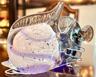 ($40; art glass white fish; 4"h)  (SOLD; art glass blue fish; 3.5"h)