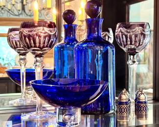 ($100 Pair of crystal lavender colored wine glasses; 3L x 8H) ($28 Cobalt blue decorative bowl; 6L x 3.5H) ( $48 Cobalt blue decanter; 4L x 10H) ($18 pair of cobalt blue salt and pepper shakers, there are two pairs)
