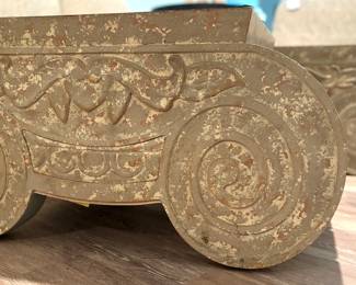 $350 each (2 available); Distressed wood coffee table with faux stone bottom; 36" x 34" x 18".