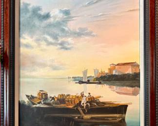 $250; "Battle on the River at Sunset" original, signed painting on canvas; 25x29