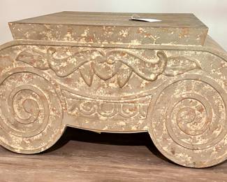 $600. Distressed wood coffee table with faux stone bottom. 36" x 34" x 18".