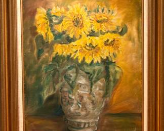 SOLD; original, signed sunflower bouquet painting on canvas in gold frame; 31x38