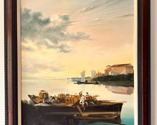 $250 - Barge on the River at Sunset Signed - 25" x 29"