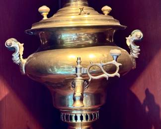 $400. Antique Russian brass samovar with teapot. 13" x 23" h