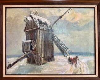 $350; original, unsigned painting on canvas, windmill in winter; 40x32