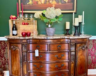 $850. Marble top scrolled buffet with two silver drawers, 3 drawers, tray storage and curved doors. 72" x 20" x 41". $800. Signed original still life. 52.5" x 22.5"