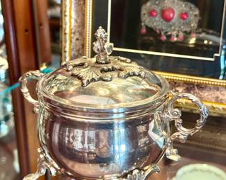$30 Framed jewelry art. $38 silver pot