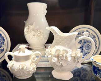 $12/each, 2 available Wloclawek plate. 8". $34 Antique Reflections pitcher. 7". $28 Antique Reflections sugar. $38 Antique Reflections vase. 8"