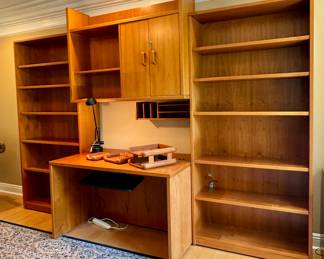 ($500; MCM 5-piece office set with bookshelves, overhead cabinet, desk and letter cubby; bookcases: 37x13x79; desk: 48x30x29; overhead cabinet: 48x17x36)  