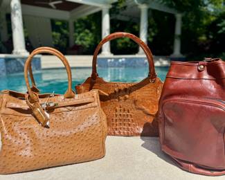 L-R (SOLD; Stauer faux ostrich handbag) (SOLD; alligator handbag)  (SOLD; backpack bucket bag)