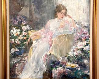 Per client request, this item is offered at a firm price of $2500; large format, original oil on canvas, signed by artist Mctucaab Dabaob, in gold frame and linen mat; 48"x48"