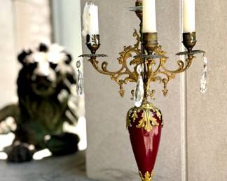 $1200; RARE antique brass candelabra with crystals; provenance - dates to 17th century and is from a castle in Poland; as is (one candle holder is off on back side--still beautiful on display); 18"h