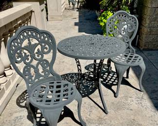 $200/set, two available. Aluminum 3 piece set, bistro table and 2 chairs. 26" d