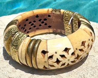 $80; brass, wood and bone bangle bracelet from India, with pin hinge