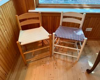 Low slat back shaker chairs with woven seats