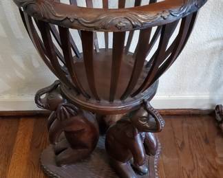 Unique Carved "Basket" Plant Holder with Elephant Motif - One of a Pair!