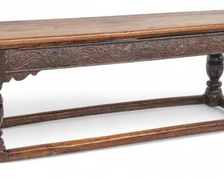 Lot 1064 | English Jacobean Period Carved Oak Hunt Table, Ca. 1750, H 31.5" W 28.5" L 95"