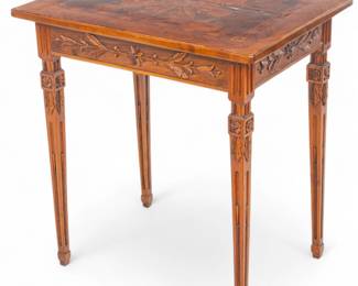 Lot 1084 | French Louis XVI Style Inlaid Fruitwood, Burlwood, And Carved Mahogany Console Table 1890-1910, H 28" W 27" Depth 18.75"