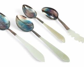 Lot 88 | Chinese Sterling Silver And White Jade Spoons, Ca. 1900, 39 g 4 PCS