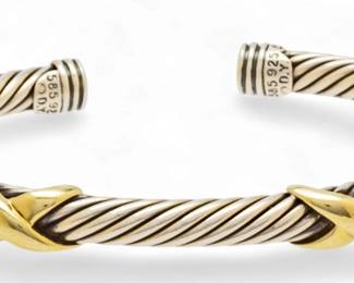 Lot 43 | David Yurman (American) Double X 14kt Gold And Sterling Silver Bangle Bracelet 28.7 g