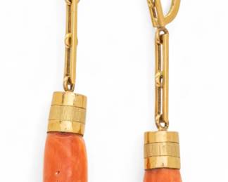 Lot 51 | Coral And Gold Drop Style Earrings 1950, 14 g