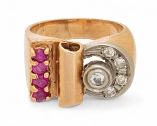 Lot 9 | Ruby And Diamond 14K Yellow Gold Ring 1940, 5 1/2 9 g