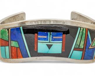 Lot 49 | Tommy Jackson (Navajo) Coral, Turquoise, Lapis Sterling Silver Inlay Bracelet W 2.5" 63 g 1 PC