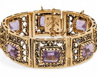 Lot 14 | 14K Yellow Gold And Amethyst Link Bracelet L 6.5" 49 g