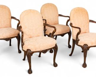 Lot 1094 | English Chippendale Style Set of Four Carved Walnut Arm Chairs, 1920's, H 36.5" W 24" Depth 24" 4 PCS