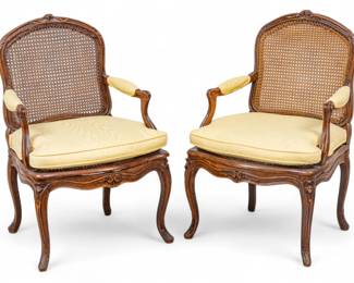 Lot 1090 | French Louis XV Style, 19th.c Hand Carved Walnut Open Arm Chairs W 24" Frame Size: H 37" 1 PAIR