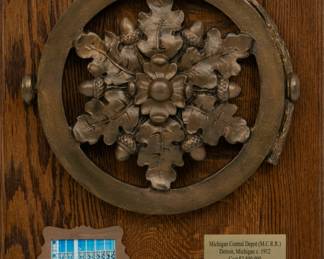 Lot 1055 | American Bronze Rondel Ca. 1910-1913, "From Michigan Central Station", H 12" W 13.75" Frame Size: H 18" W 16"