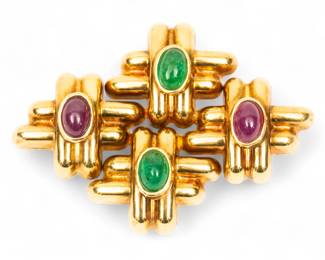 Lot 22 | Italian 14k Yellow Gold, Emerald And Ruby Brooch H 1.5"