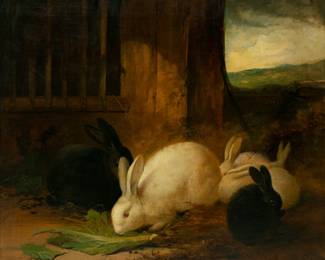 Lot 1024 | James Poulton (English) (Active 1844-1859) Oil on Canvas Mounted on Masonite 'Five Rabbits in Barnyard', H 25" W 30" Frame Size: H 27" W 32"
