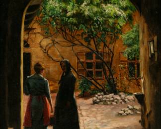 Lot 1031 | Central European Oil on Canvas, Late 19th/early 20th C., 'Ladies in Courtyard', H 15" W 14" Frame Size: H 20" W 19"